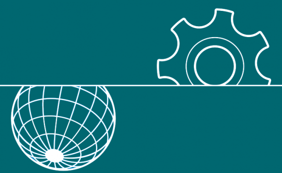 Logo mit Zahnrad und Globus